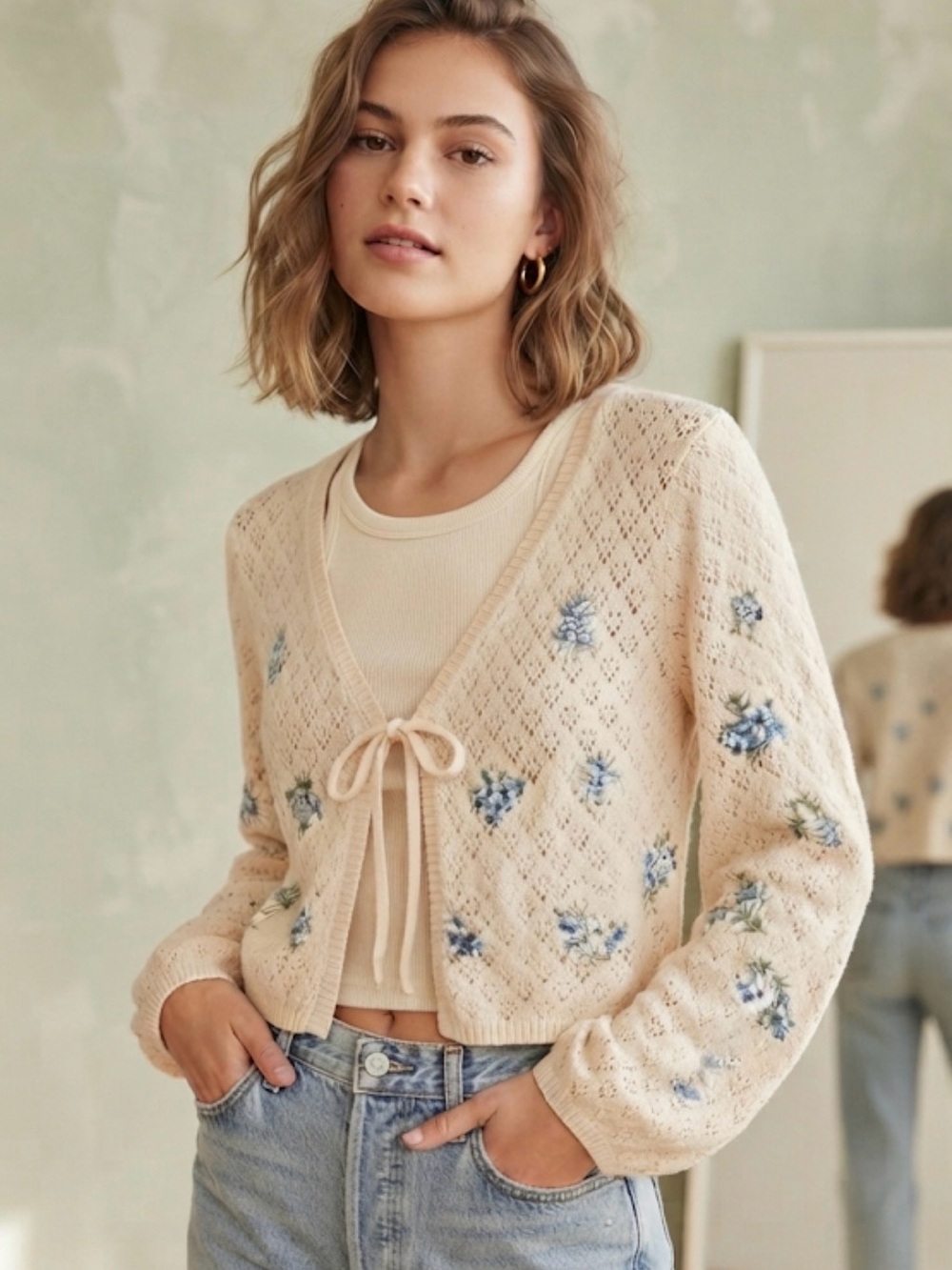 Luna & Sol Cream Floral Embroidered Tie-Front Knit Cardigan Small